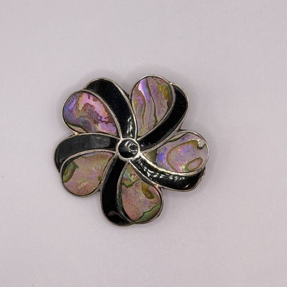 Vintage Taxco Mexico 925 Sterling Silver Onyx & Abalone Pin Pendant Brooch